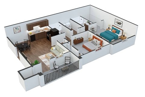 Floor plan for 2 beds, 2 baths, 991 sqft